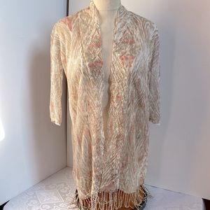 Lace knit cardigan in cream, tan and peach accents
